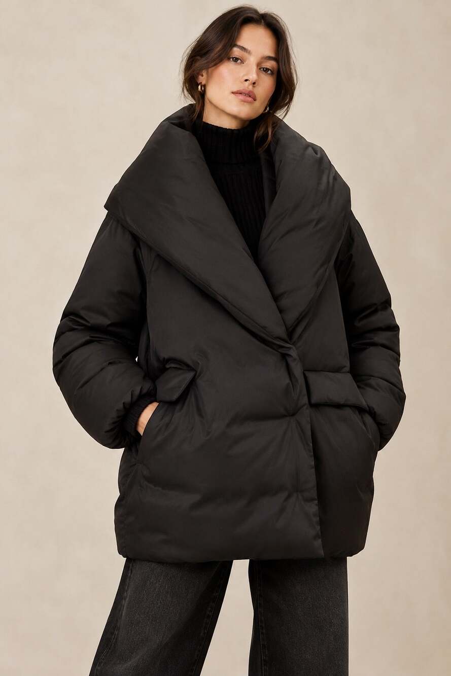 Banana Republic Lucila Satin Down Puffer Coat Black Medium